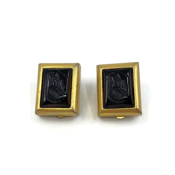 Clip On Earrings, Square Black Glass Intaglio Earrings, Vintage Clips - Picture 10 of 11